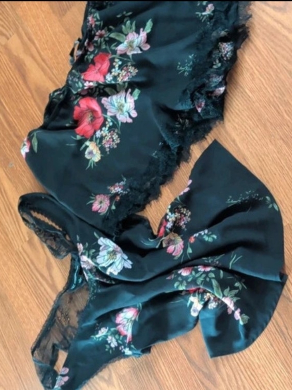 Black Floral Lace Trim Satin Camisole Set